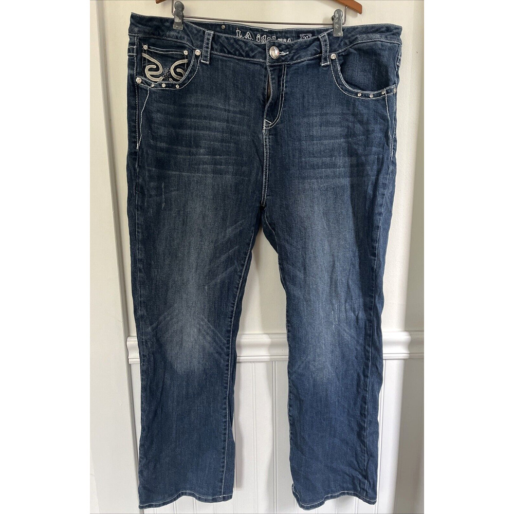 LA Idol USA Jeans Denim Low Rise Bootcut Thick Stitch Rhinestones SZ 21 W 43